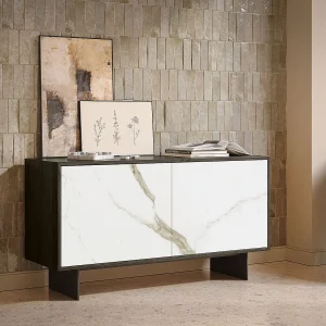 Aurea dressoir met 2 deuren – donker eikenhout constructie, antracietgrijs, glazen deur met calcatta-print Aurea dressoir met 2 deuren – donker eikenhout constructie, antracietgrijs, glazen deur met calcatta-print