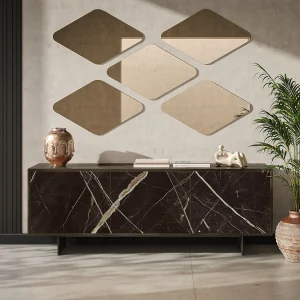 Aurea 3-deurs dressoir – donker eikenhout constructie, antracietgrijs, calcatta zwarte glazen deur met print Aurea 3-deurs dressoir – donker eikenhout constructie, antracietgrijs, calcatta zwarte glazen deur met print