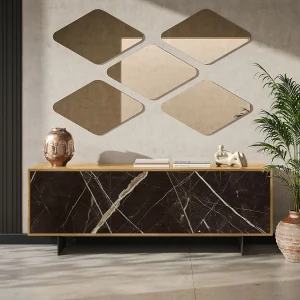 Aurea dressoir met 3 deuren – natuurlijke eikenhouten constructie, antracietgrijs, calcatta zwarte glazen deur bedrukt Aurea dressoir met 3 deuren – natuurlijke eikenhouten constructie, antracietgrijs, calcatta zwarte glazen deur bedrukt
