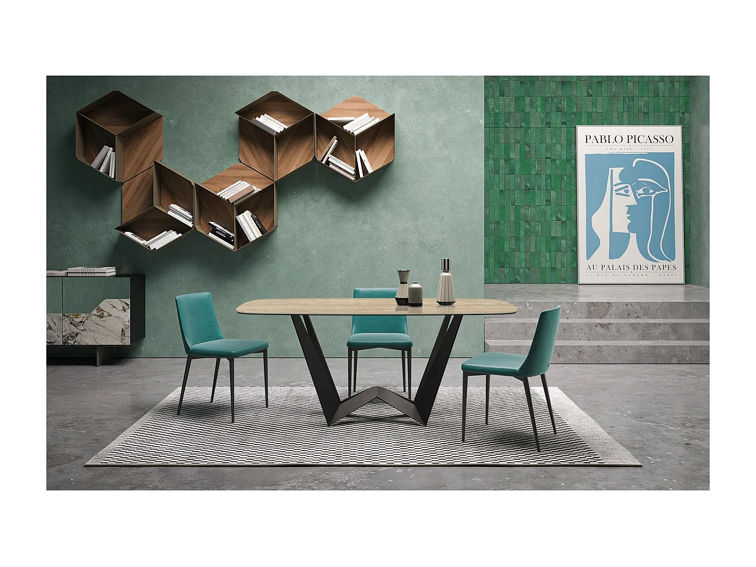 Achterste mini vaste travertijntafel - antracietgrijs, vat schuin rand, beige travertijn steengoed