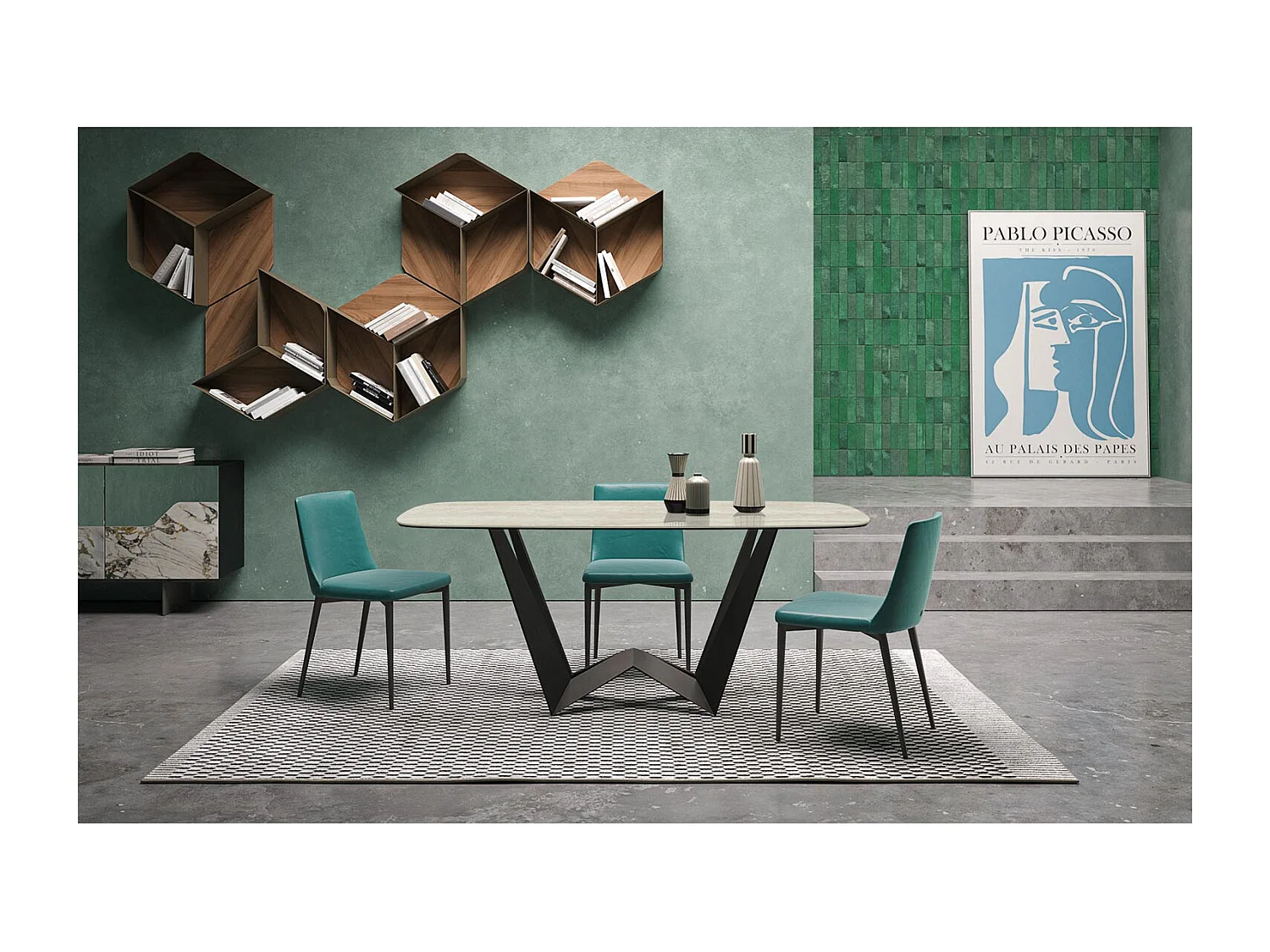 Achterzijde mini vaste travertijntafel - antracietgrijs, vat schuin rand, wit travertijn steengoed