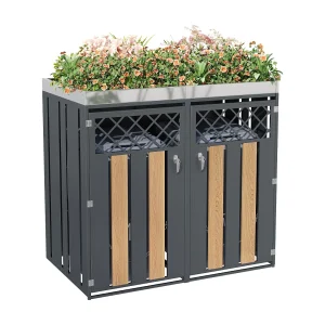 Afvalbakbehuizing met ventilatieopeningen – 132 x 80 x 124,5 cm – met 2 deuren – metaal – grijs Afvalbakbehuizing met ventilatieopeningen – 132 x 80 x 124,5 cm – met 2 deuren – metaal – grijs