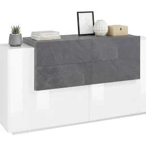 Alberto dressoir, Keukendressoir met 2 deuren en 4 laden, Woonkamerbuffet, Keukendressoir, 100% Made in Italy, 160x45h86 cm, Glanzend wit en leisteen Alberto dressoir, Keukendressoir met 2 deuren en 4 laden, Woonkamerbuffet, Keukendressoir, 100% Made in Italy, 160x45h86 cm, Glanzend wit en leisteen