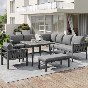 8-zts tuinlounge metaal: modulaire hoekbank, 1 fauteuil, 1 kruk en salontafel – Grijs 8-zts tuinlounge metaal: modulaire hoekbank, 1 fauteuil, 1 kruk en salontafel – Grijs