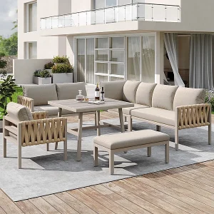 8-zts tuinlounge metaal: modulaire hoekbank, 1 fauteuil, 1 kruk en salontafel – Beige 8-zts tuinlounge metaal: modulaire hoekbank, 1 fauteuil, 1 kruk en salontafel – Beige