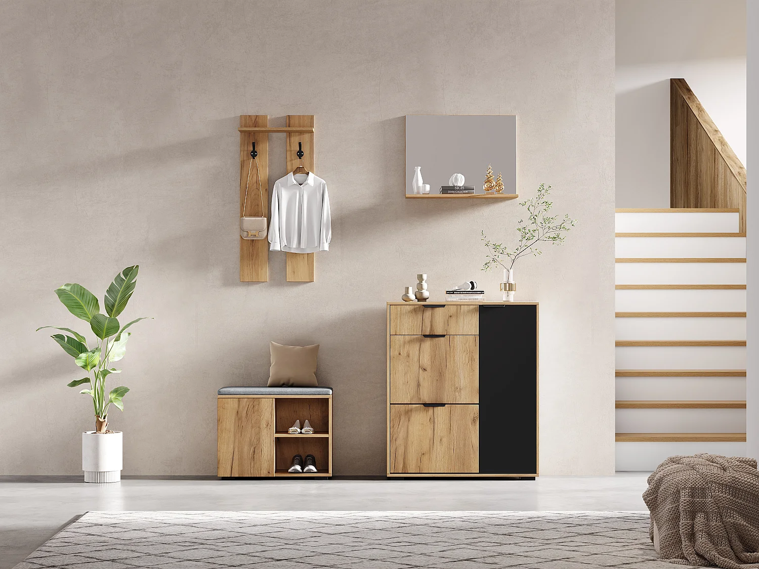 4-delige halmeubelset - Hout en zwart
