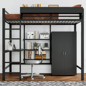 90×200 cm hoogslaper met bureau en kledingkast – MDF + zwart metaal