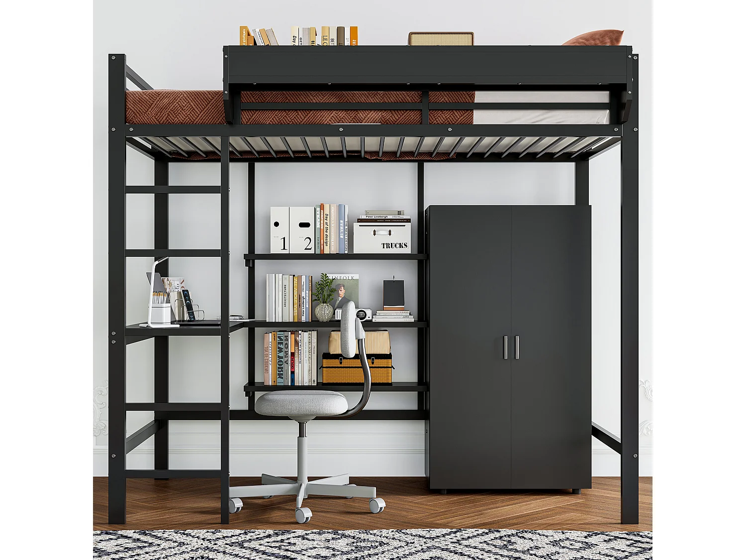 90x200 cm hoogslaper met bureau en kledingkast - MDF + zwart metaal