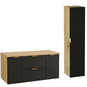 Badkamerset 120 cm Kast met blad Kolom Eiken Artisan / Zwart Orio Badkamerset 120 cm Kast met blad Kolom Eiken Artisan / Zwart Orio