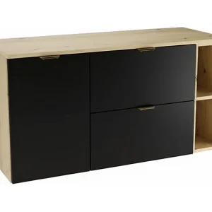 Badkamerset 120 cm Kast met werkblad Kast met mand Rek Eiken Artisan / Zwart Orio Badkamerset 120 cm Kast met werkblad Kast met mand Rek Eiken Artisan / Zwart Orio