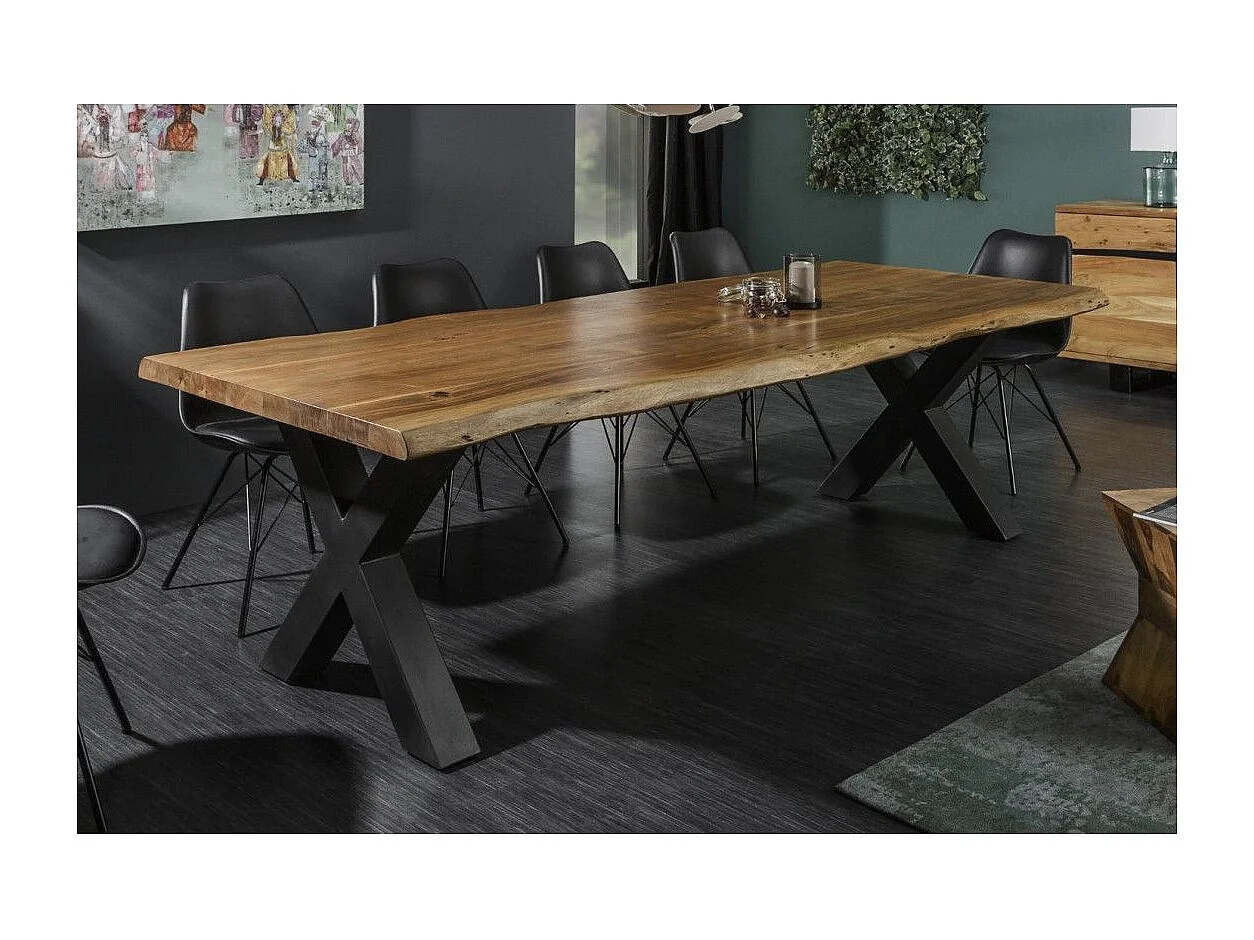Eettafel ARKAYA 240 cm - Blad van gelakt massief acaciahout en poten van zwart metaal in X-vorm