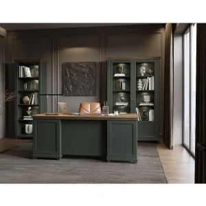 ASSIA donkergroen en houten kantoormeubelset – Bureau 180 cm + boekenkast + vitrinekast met 2 glazen deuren ASSIA donkergroen en houten kantoormeubelset – Bureau 180 cm + boekenkast + vitrinekast met 2 glazen deuren