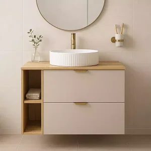 Badkamerset 80 cm Kast met blad, plank en wastafel Eiken Artisan / Kasjmier Orio Badkamerset 80 cm Kast met blad, plank en wastafel Eiken Artisan / Kasjmier Orio