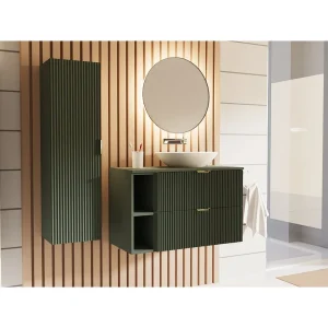 Badkamerset 80 cm Geribbelde fronten Groen / Salie Werkblad Notenhout Badkamerset 80 cm Geribbelde fronten Groen / Salie Werkblad Notenhout