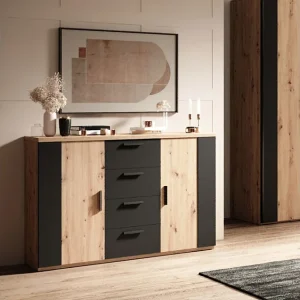 Alec 2-deurs commode met 4 laden Donker hout en zwart