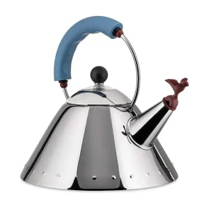9093, Stalen waterkoker met blauw handvat en fluitje, Alessi 9093, Stalen waterkoker met blauw handvat en fluitje, Alessi
