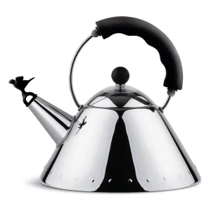 9093, Stalen waterkoker met zwart handvat en fluitje, Alessi 9093, Stalen waterkoker met zwart handvat en fluitje, Alessi