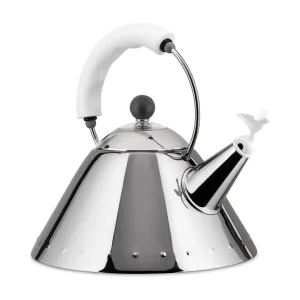 9093, Stalen waterkoker met wit handvat en fluitje, Alessi 9093, Stalen waterkoker met wit handvat en fluitje, Alessi