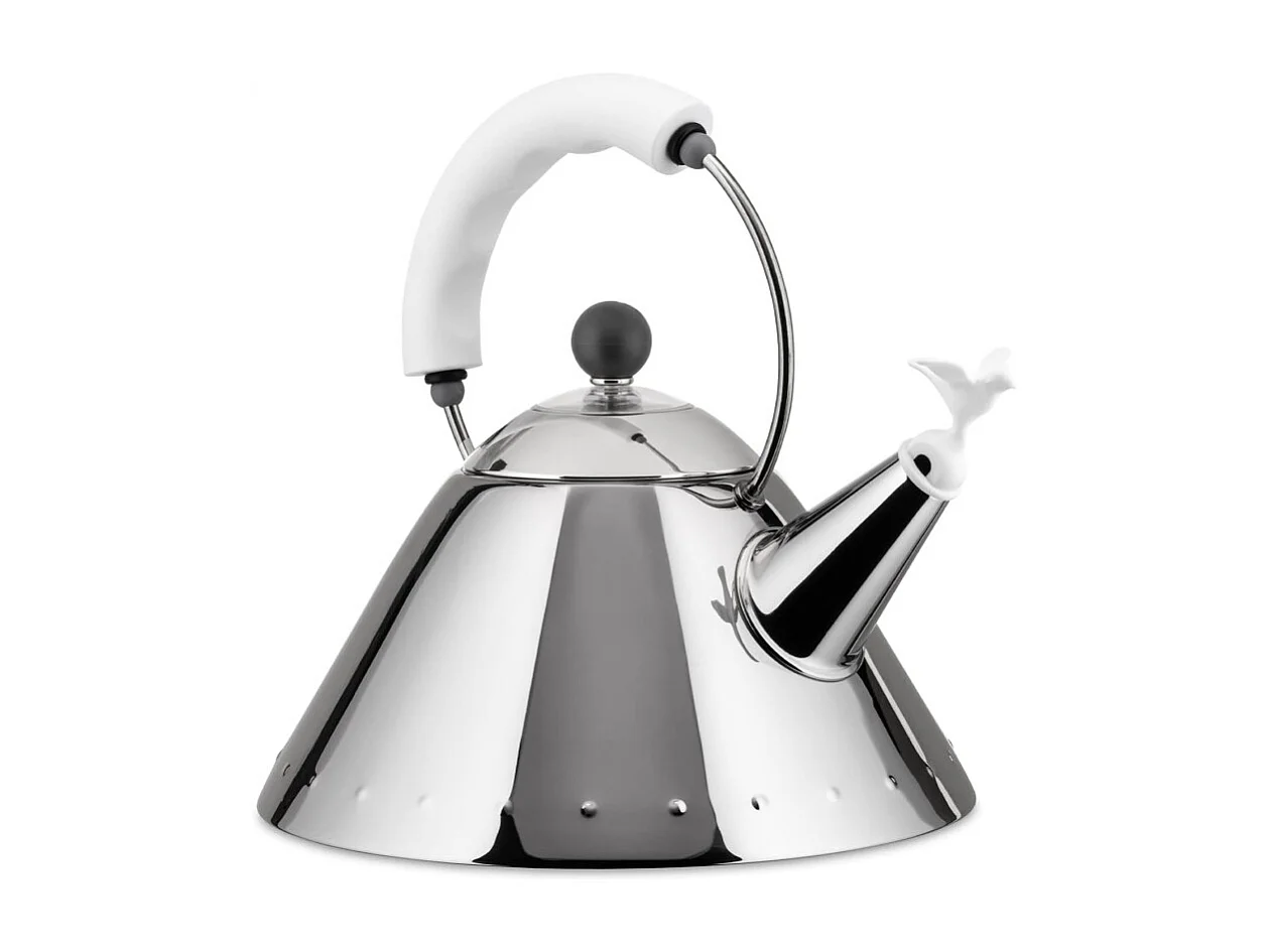 9093, Stalen waterkoker met wit handvat en fluitje, Alessi