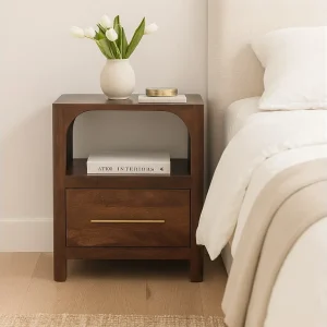 Artisan Furniture Arc-Line nachtkastje van massief mangohout, 1 lade, 1 open vak, warm bruin