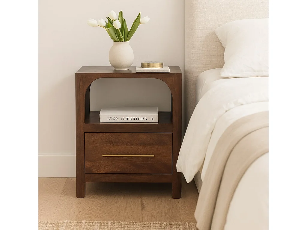 Artisan Furniture Arc-Line nachtkastje van massief mangohout, 1 lade, 1 open vak, warm bruin