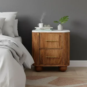 Artisan Furniture Unurorun nachtkastje van massief hout met marmeren blad, 2 lades, wit en bruin Artisan Furniture Unurorun nachtkastje van massief hout met marmeren blad, 2 lades, wit en bruin