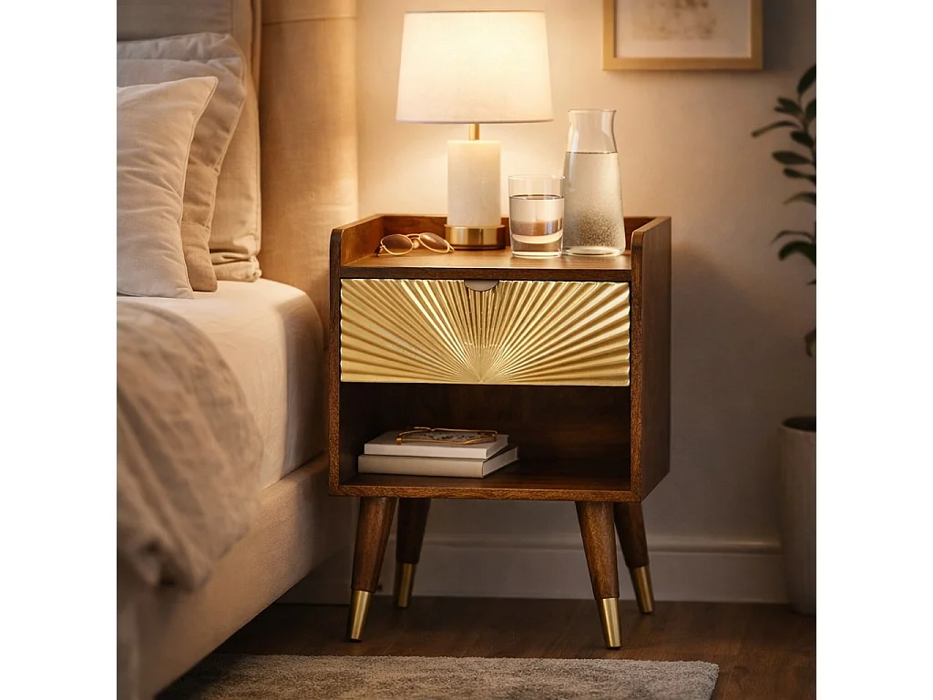 Artisan Furniture Nachtkastje van massief hout met messing ingelegd zonnemotief, 1 lade, 1 open vak, bruin en goudkleurig