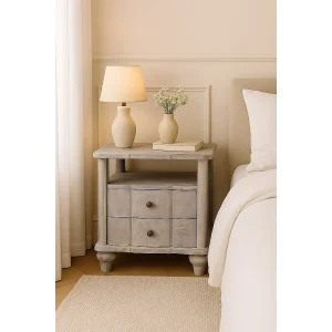 Artisan Furniture Luciun nachtkastje van massief hout, 2 lades, 1 open plank, grijs en bruin Artisan Furniture Luciun nachtkastje van massief hout, 2 lades, 1 open plank, grijs en bruin
