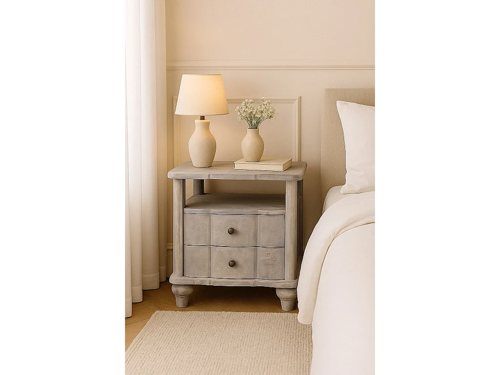 Artisan Furniture Luciun nachtkastje van massief hout, 2 lades, 1 open plank, grijs en bruin