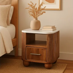 Artisan Furniture Beaumont nachtkastje van massief mangohout met marmeren blad, 1 lade, 1 open plank, bruin en wit