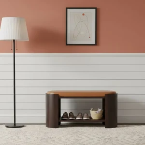 Artisan Furniture Valencia schoenenbank van leer, massief hout, chocoladebruin, gladde, met de hand gestoffeerde zitting van echt leer, 1 plank Artisan Furniture Valencia schoenenbank van leer, massief hout, chocoladebruin, gladde, met de hand gestoffeerde zitting van echt leer, 1 plank