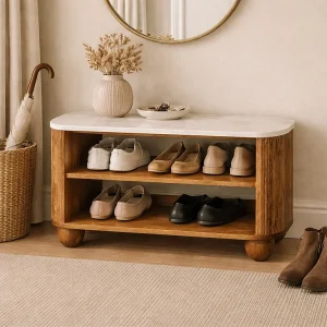 Artisan Furniture Schoenenbank Beunumont van massief mangohout, marmeren blad, twee open planken, bruin. Artisan Furniture Schoenenbank Beunumont van massief mangohout, marmeren blad, twee open planken, bruin.