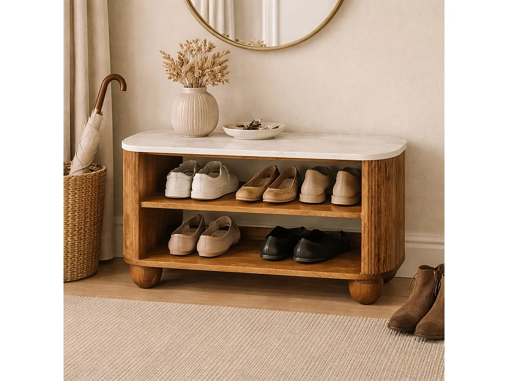 Artisan Furniture Schoenenbank Beunumont van massief mangohout, marmeren blad, twee open planken, bruin.