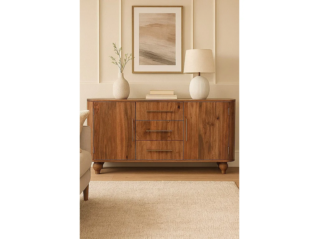 Artisan Furniture Montara buffetkast, massief hout, warm bruin, 3 lades, 2 deuren en 4 planken