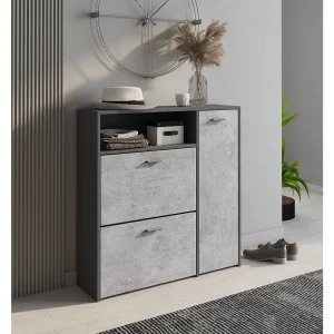 Aldaya schoenenrek, Ruimtebesparend schoenenrek, Ingang schoenenrek, Kast met 3 vouwdeuren, 92x27h94 cm, Antraciet, Cement Aldaya schoenenrek, Ruimtebesparend schoenenrek, Ingang schoenenrek, Kast met 3 vouwdeuren, 92x27h94 cm, Antraciet, Cement