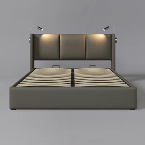 140x200cm kunstleer opbergbed – met leeslampjes en USB-oplaadpoorten – met lattenbodem – Grijs