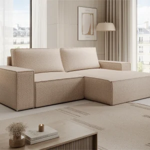Kleine rechter hoekbank met 3 zitplaatsen, slaapfunctie in beige getextureerde stof AMELIA Kleine rechter hoekbank met 3 zitplaatsen, slaapfunctie in beige getextureerde stof AMELIA