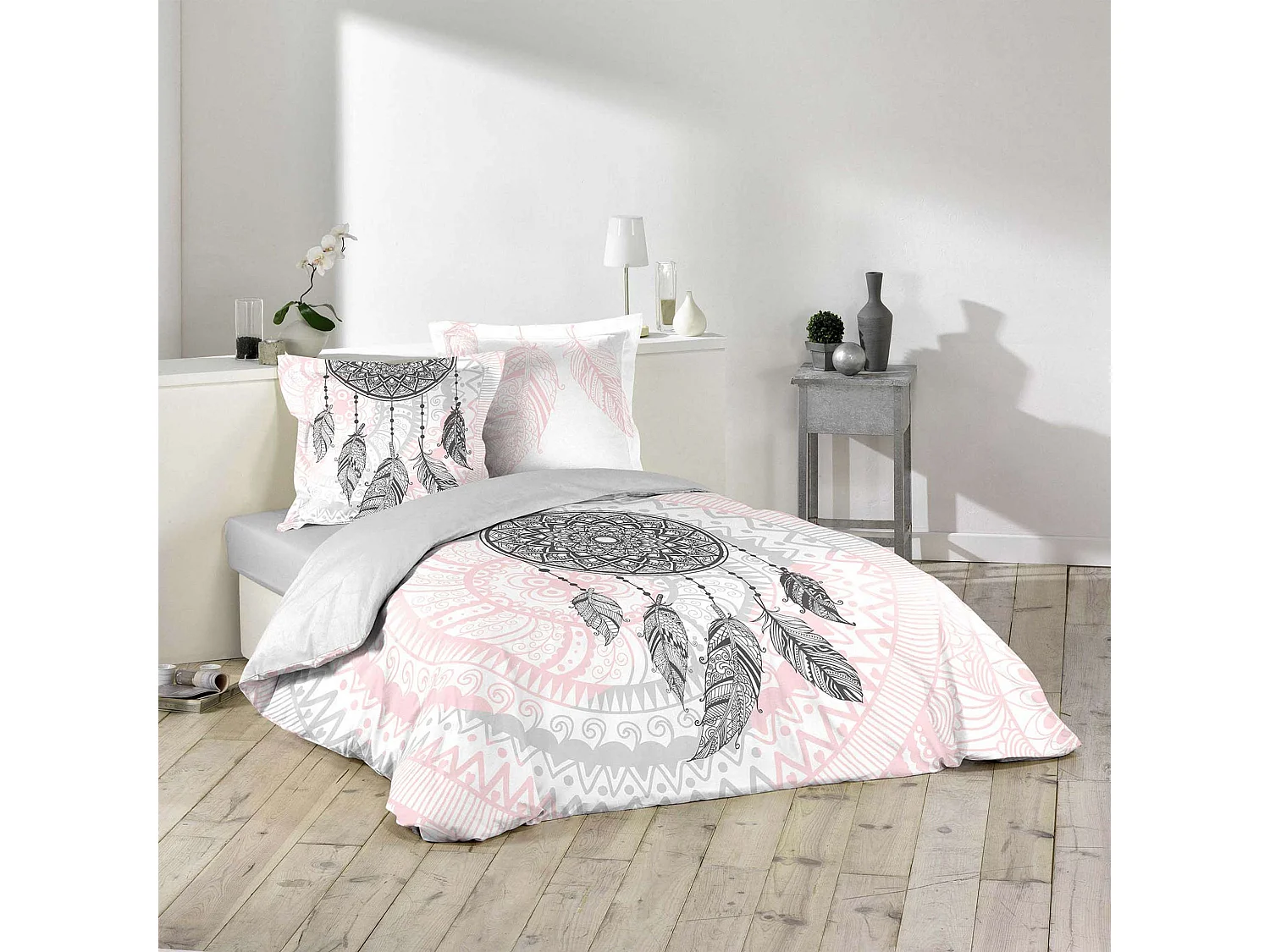 3-delige Beddengoedset Namasté 200x200 cm van 100% Katoen Roze met Dromenvangerprint