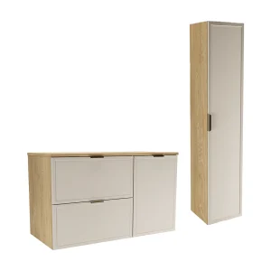 Badkamerset 100 cm Kast met wasmand Kolom Fronten Lijst Eikenhout Cremona / Kasjmier Roma Badkamerset 100 cm Kast met wasmand Kolom Fronten Lijst Eikenhout Cremona / Kasjmier Roma