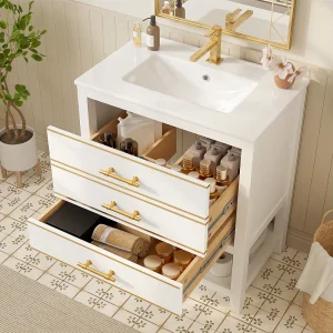 Badkamermeubel – 66 x 46,5 x 86 cm – met keramische wasbak + 2 lades + open plank – MDF – wit + goud Badkamermeubel – 66 x 46,5 x 86 cm – met keramische wasbak + 2 lades + open plank – MDF – wit + goud