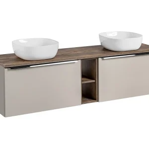 Badkamerset VANTA taupe: onderkasten 180cm + wastafelblad + 2 witte opbouwwastafels Badkamerset VANTA taupe: onderkasten 180cm + wastafelblad + 2 witte opbouwwastafels