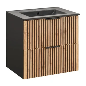 Badkamerset KINOKO: onderbouwkast met laden 60cm + zwarte inbouwwastafel + sifon