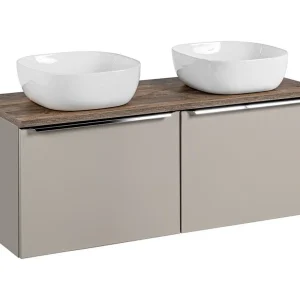 Badkamerset VANTA taupe: onderkast 120cm + bovenblad + 2 witte opzetwastafels