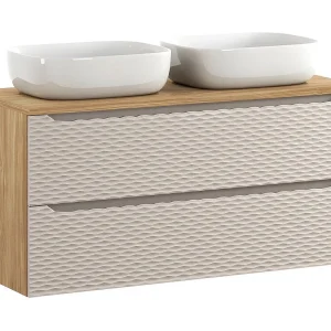 Badkamerset YOKA beige: onderkast met lades 120 cm + blad voor wastafel + 2 opzetwastafels Badkamerset YOKA beige: onderkast met lades 120 cm + blad voor wastafel + 2 opzetwastafels