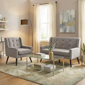 2-zitsbank en fauteuils in lichtgrijze stof – Set van 2 met houten poten 2-zitsbank en fauteuils in lichtgrijze stof – Set van 2 met houten poten