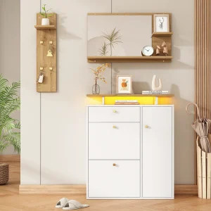 3-delige halmeubelset – Spiegel, plank en schoenenkast – Wit en hout 3-delige halmeubelset – Spiegel, plank en schoenenkast – Wit en hout