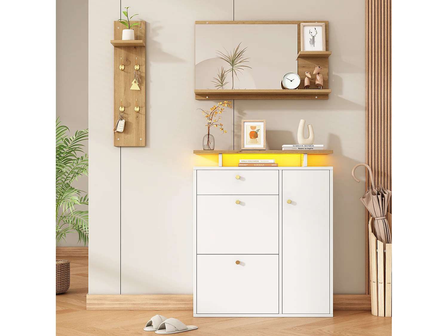 3-delige halmeubelset – Spiegel, plank en schoenenkast – Wit en hout