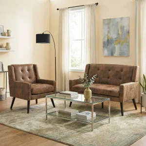 2-zitsbank en fauteuils in koffiekleurige suède stof – Set van 2 met houten poten 2-zitsbank en fauteuils in koffiekleurige suède stof – Set van 2 met houten poten
