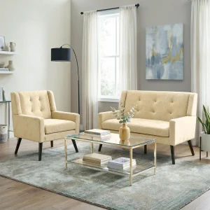 2-zitsbank en fauteuils in beige stof – Set van 2 met houten poten 2-zitsbank en fauteuils in beige stof – Set van 2 met houten poten