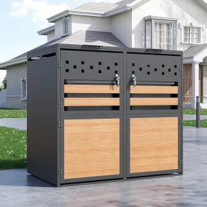 Afdak voor 2 tuinafvalbakken – 132 x 80 x 120 cm – met scharnierend deksel + afsluitbaar + 2 deuren – metaal – grijs + naturel Afdak voor 2 tuinafvalbakken – 132 x 80 x 120 cm – met scharnierend deksel + afsluitbaar + 2 deuren – metaal – grijs + naturel